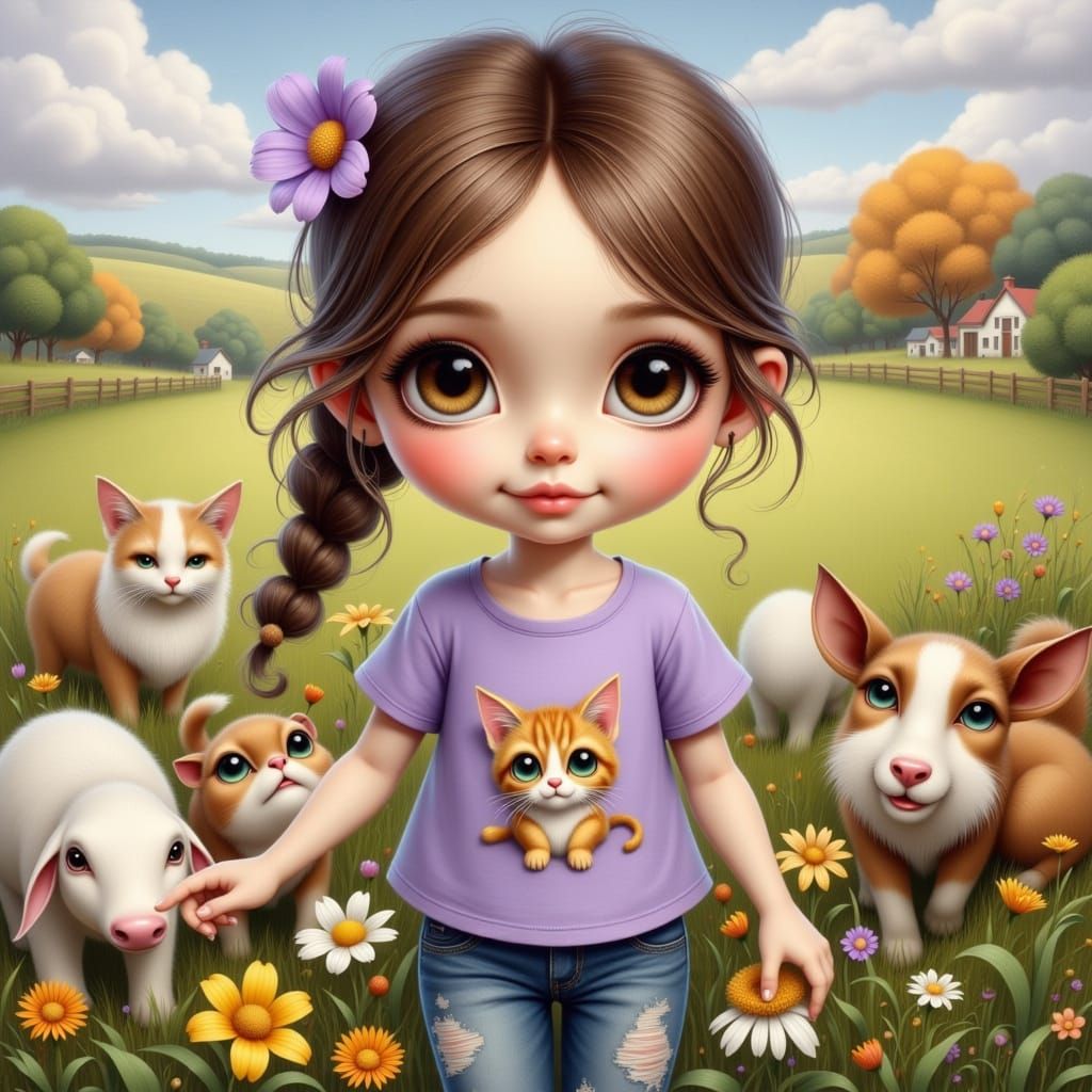 Sweet Girl on a Farm in Whimsical Style