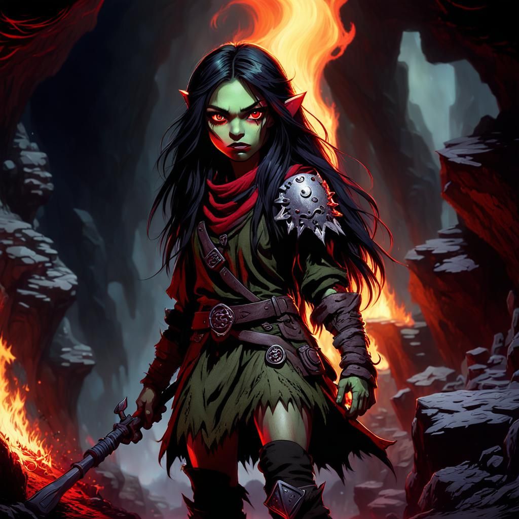 Fierce Goblin Girl in Torchlit Cavern