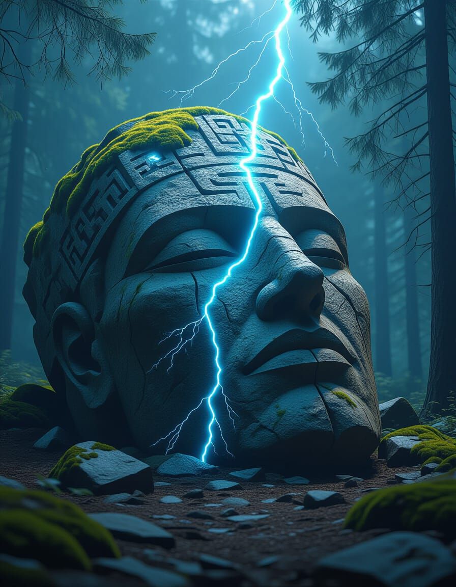 Gigantic Stone Head of Perun with Electric Blue Glow