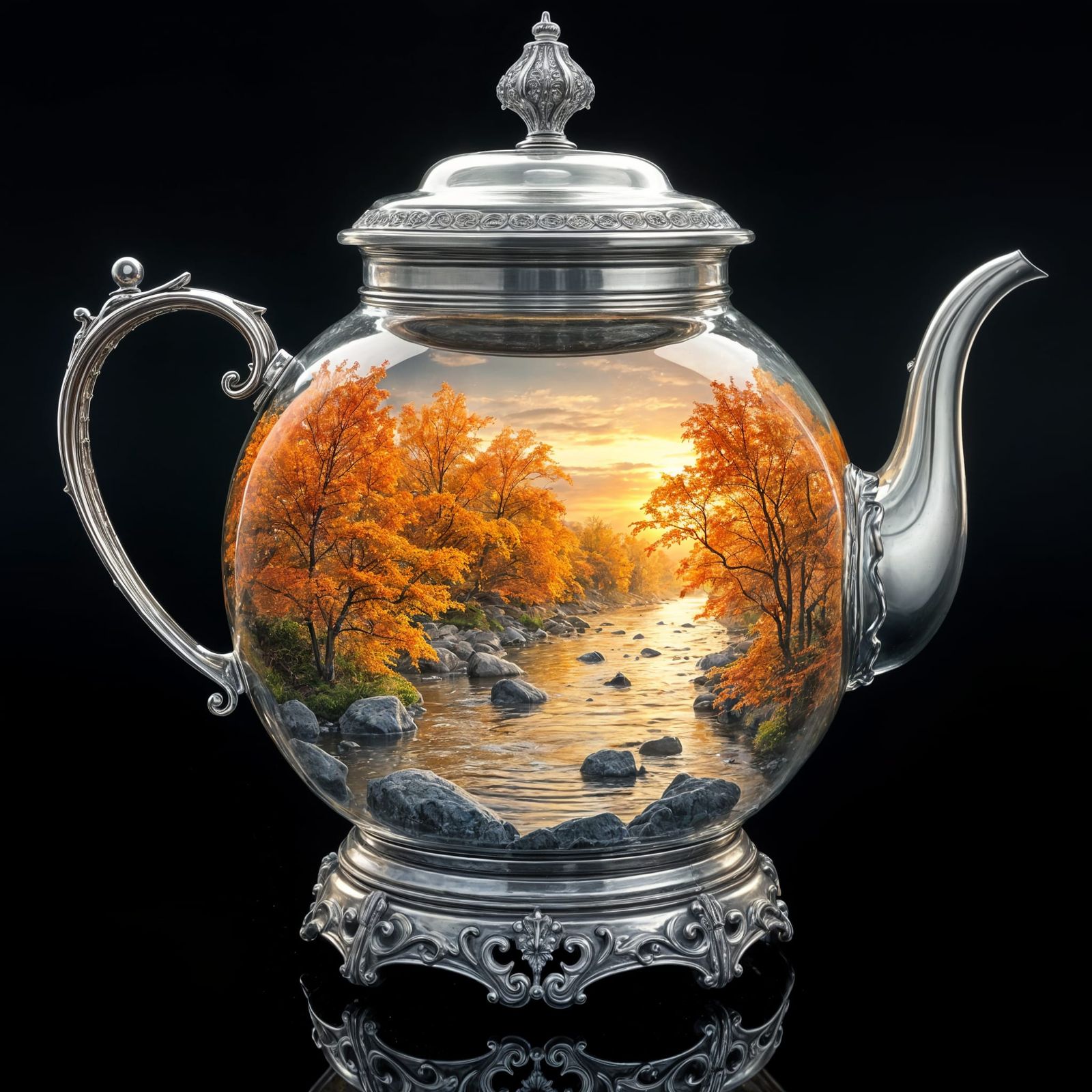 Autumn River Flows Through Glass Teapot