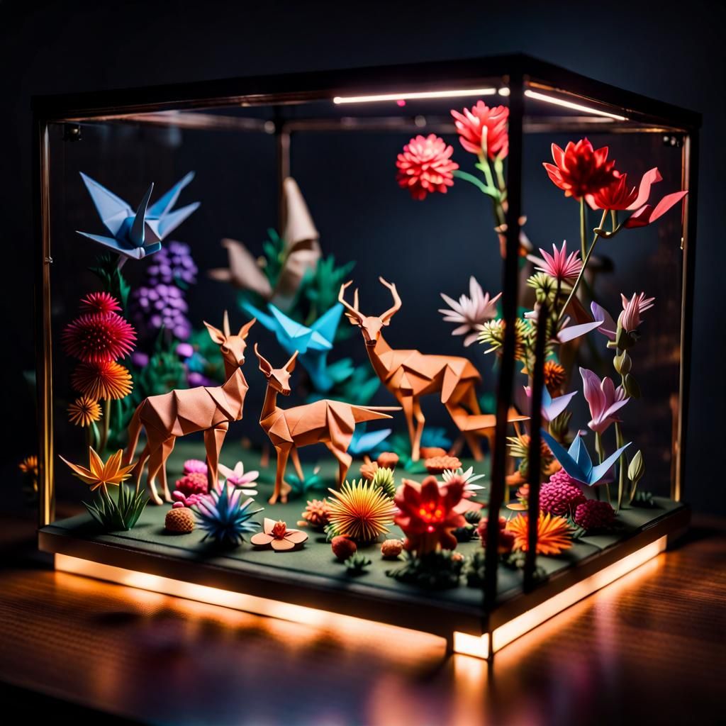 Luminous Origami Diorama with Volumetric Lighting