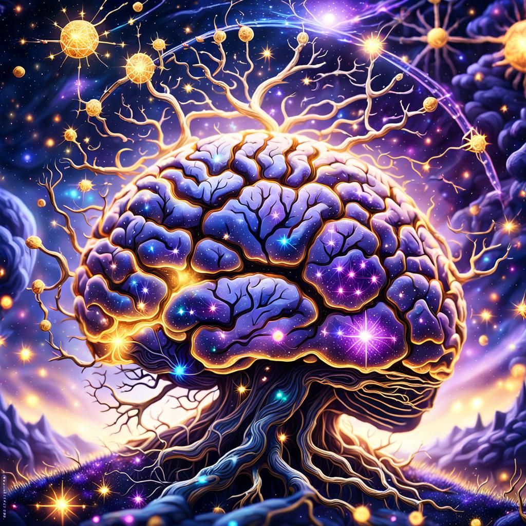 Golden Brain Emanating Lights in Dark Fantasy Art