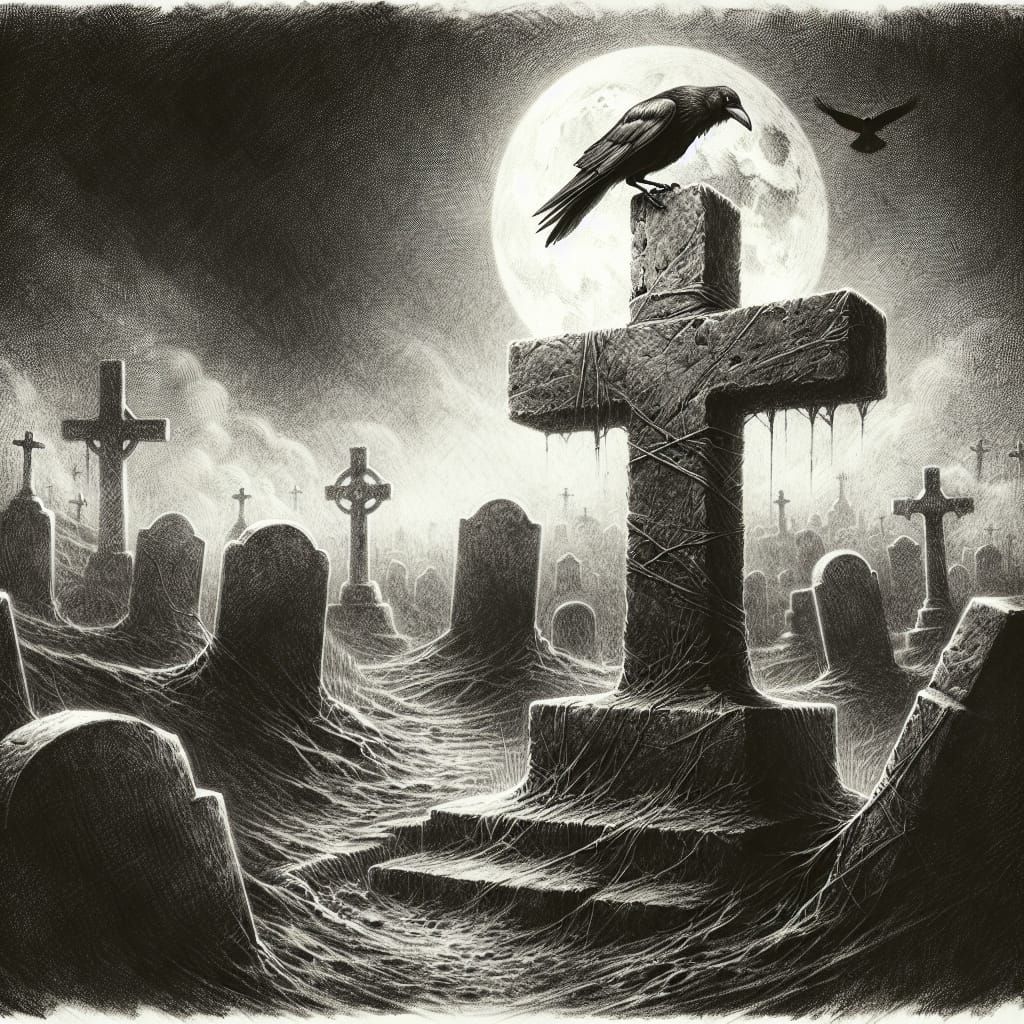 Ethereal Crow Silhouette on a Moonlit Graveyard Cross