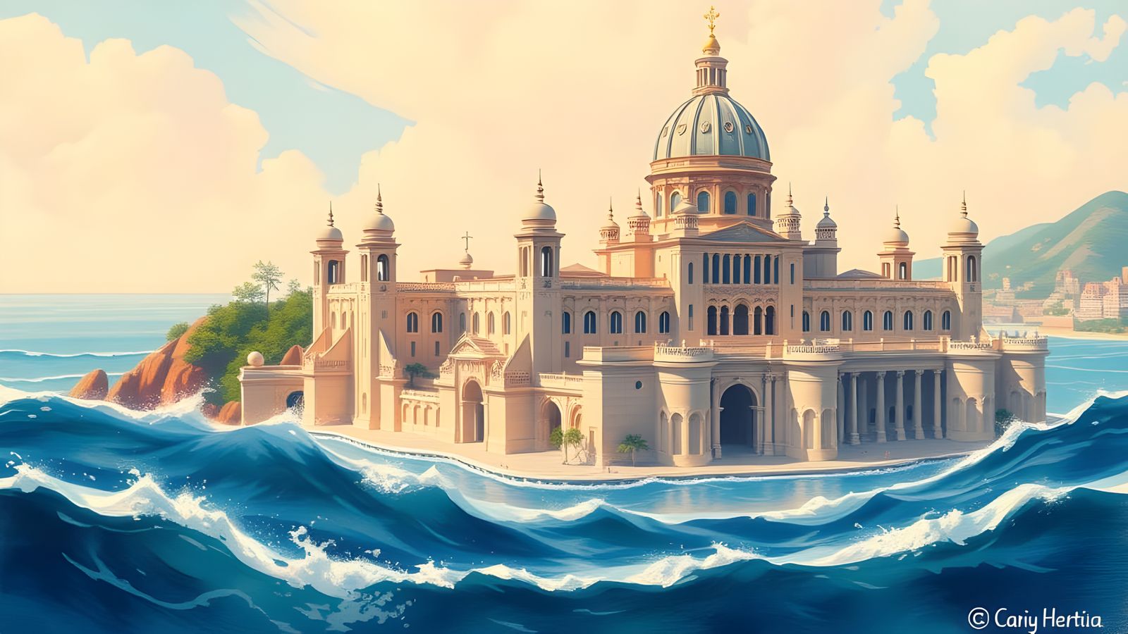 Cavatica: Ocean City in Gouache Watercolor Style