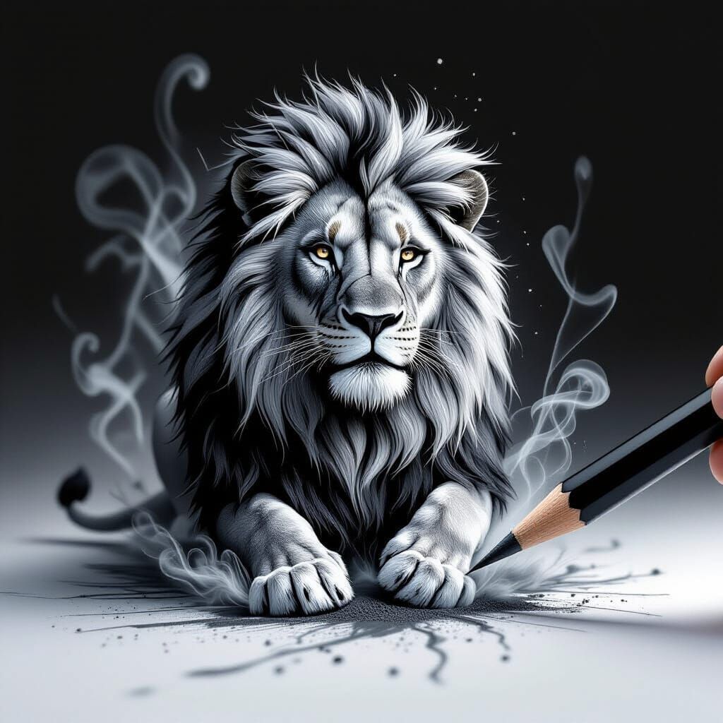 Noble Lion Rises from Charcoal Sketch: Ultra-Macro Graphite ...