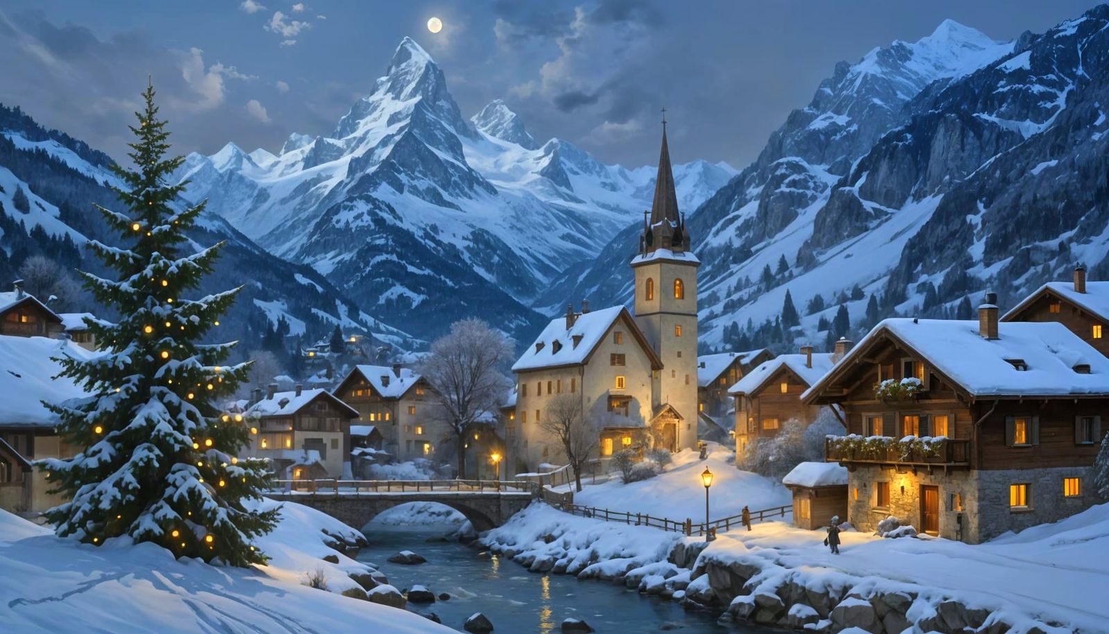 Whimsical Swiss Village Oil Painting at Night