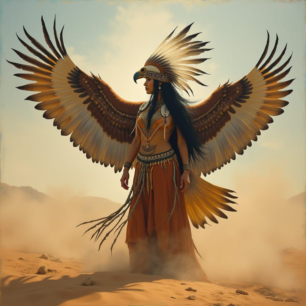 Native American Woman in Desert Landscape with Majestic Eagl...