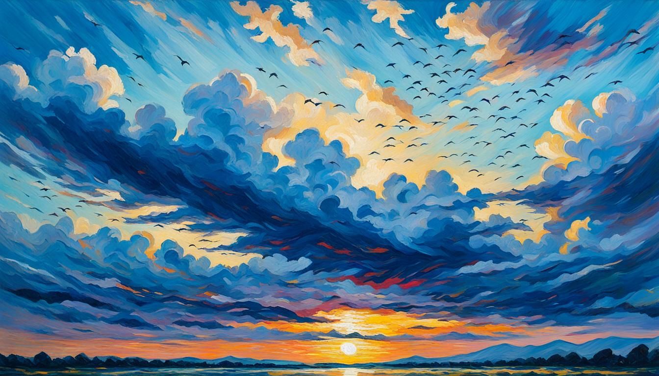 Migratory Birds at Dusk: Neo-Impressionist Oil Painting