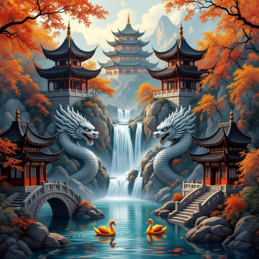 Magical Autumn Asian Fantasy Landscape with Waterfalls