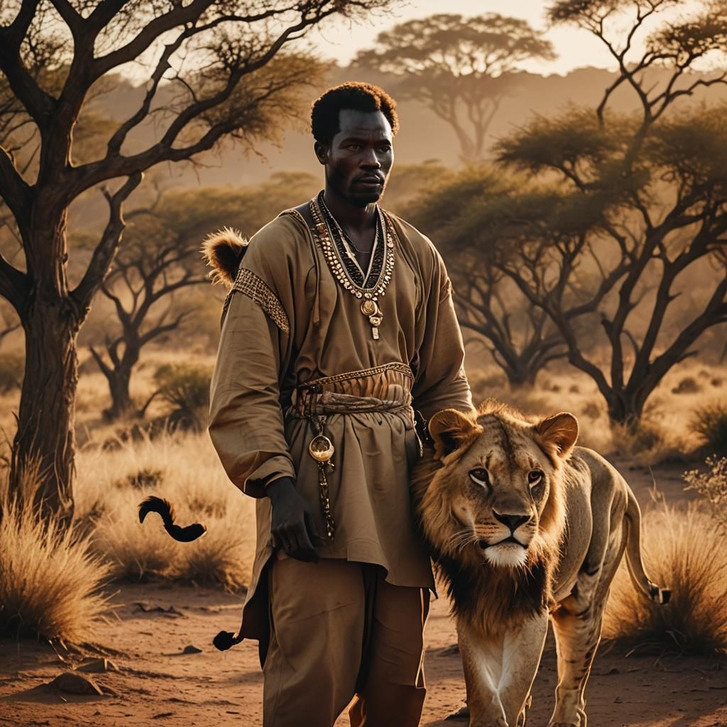 African Man Holds Lion Tail: Cinematic Savannah Sunset
