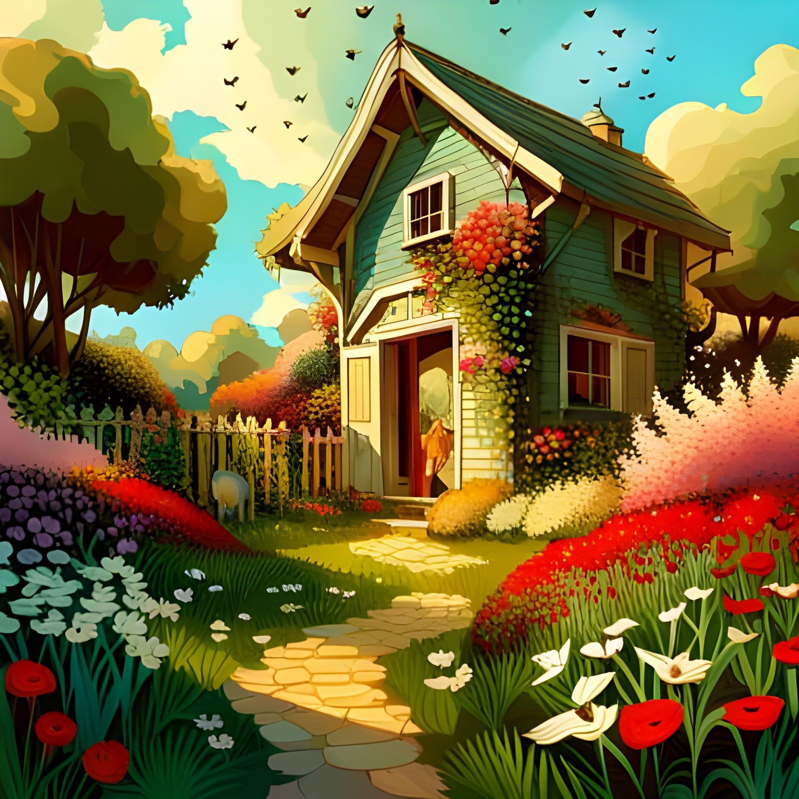 Lush Garden Scene with Shed: Detailed Floral Art