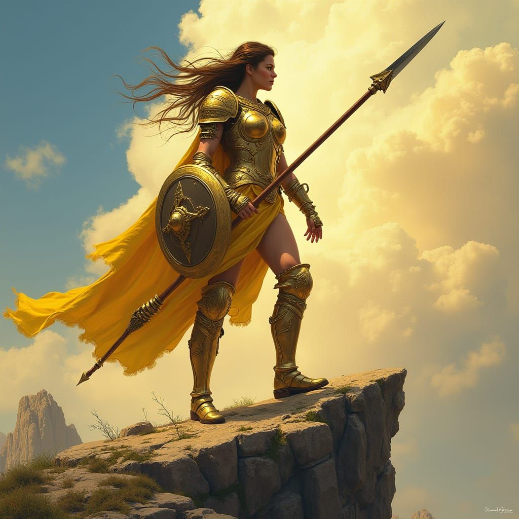 Valkyrie Warrior in Golden Armor Overlooking Battlefield