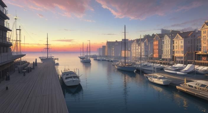 Harbor at Sunset in Watercolor and Pencil Style