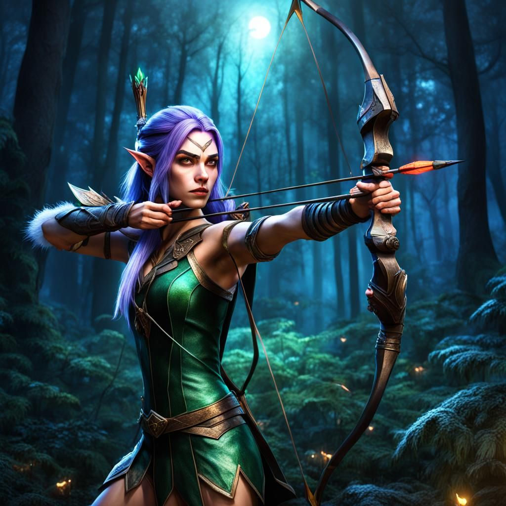Night Elf Hunter in Forest: 3D Render