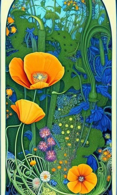 California Poppies in Rococo Art Nouveau Style