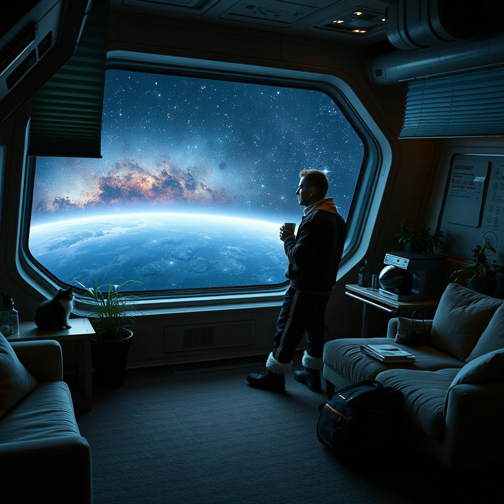Pilot Relaxing in Cozy Spaceship Apartment