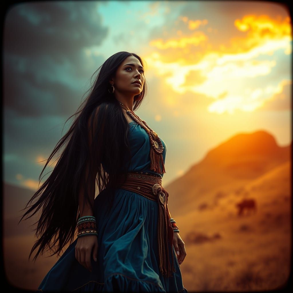 Elegant Native American Woman in Stormy Wild West Landscape
