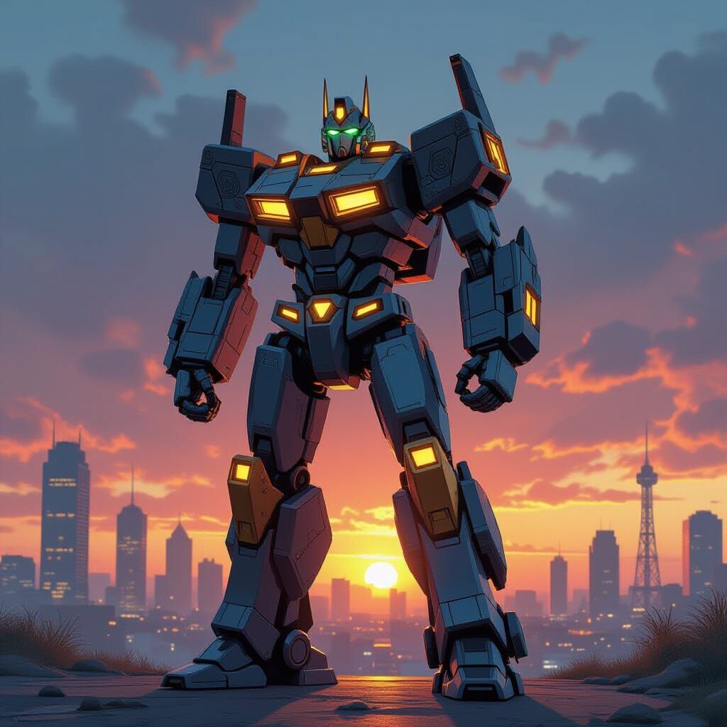 Cybertronian Robot in Dystopian Sunset Cityscape