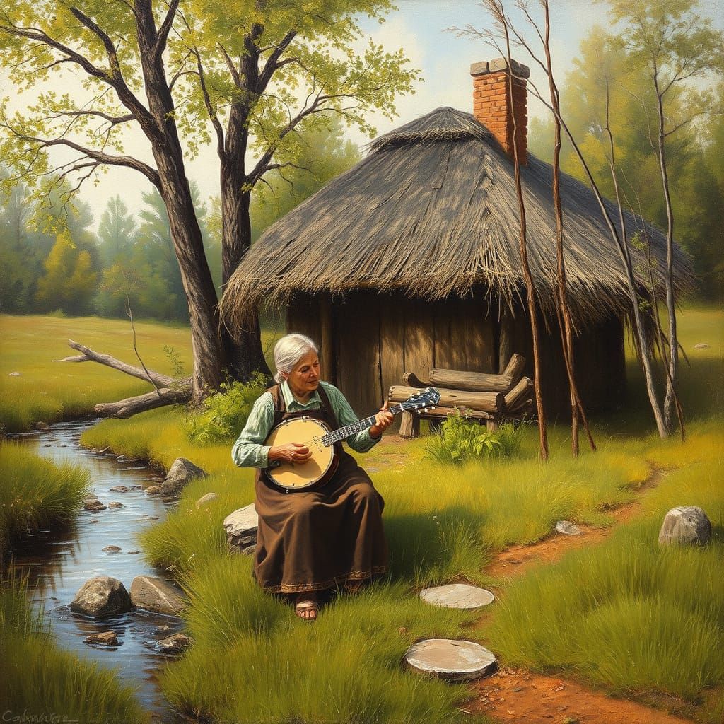 Old Woman Plays Banjo in Front of Rustic Grass Hut