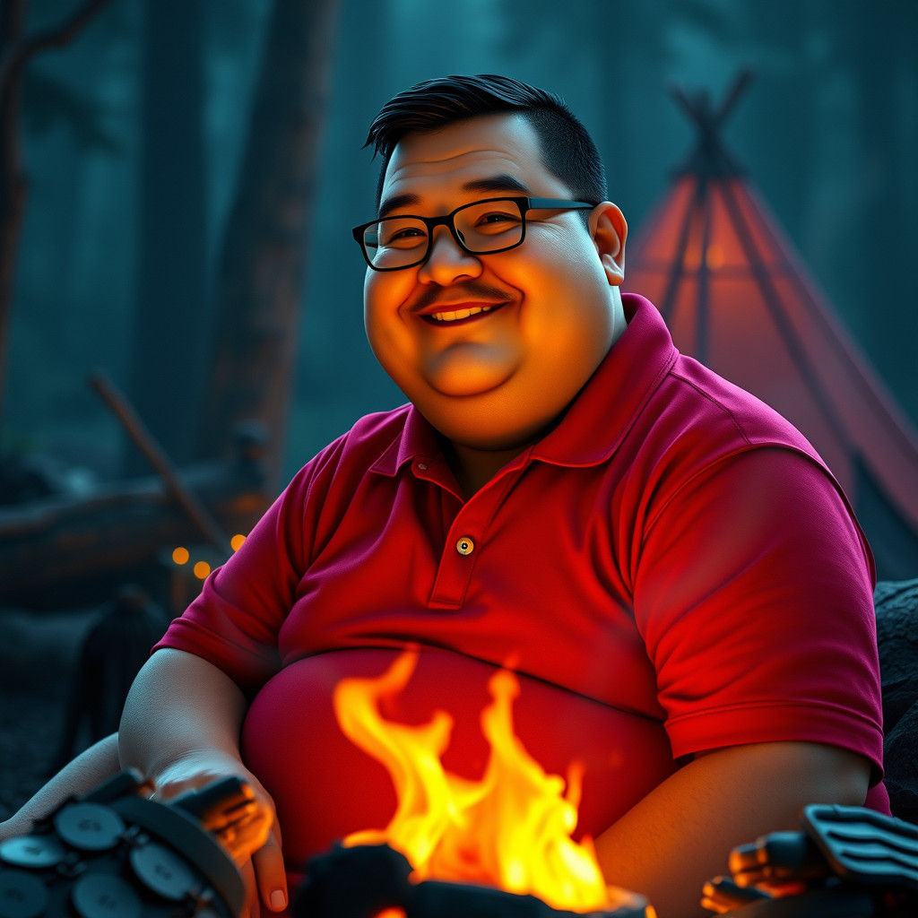 Happy Man by Campfire in Matte Painting Style