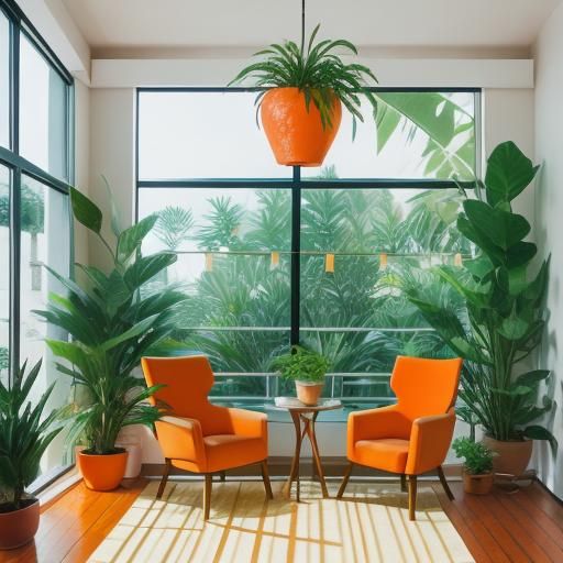 Orange and Aquamarine Modern Dining Room with Plants