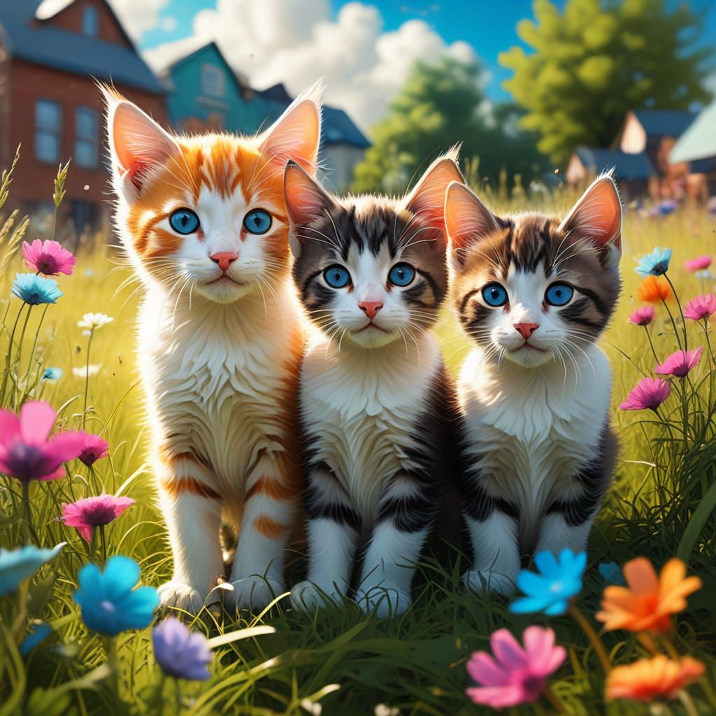 Kittens Play in Meadow: Vibrant Street Art Style