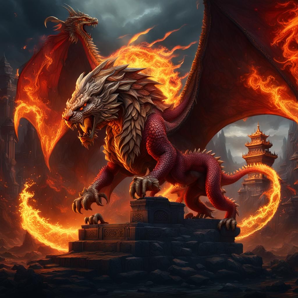 Fiery Dragon and Lion Fantasy Concept Art