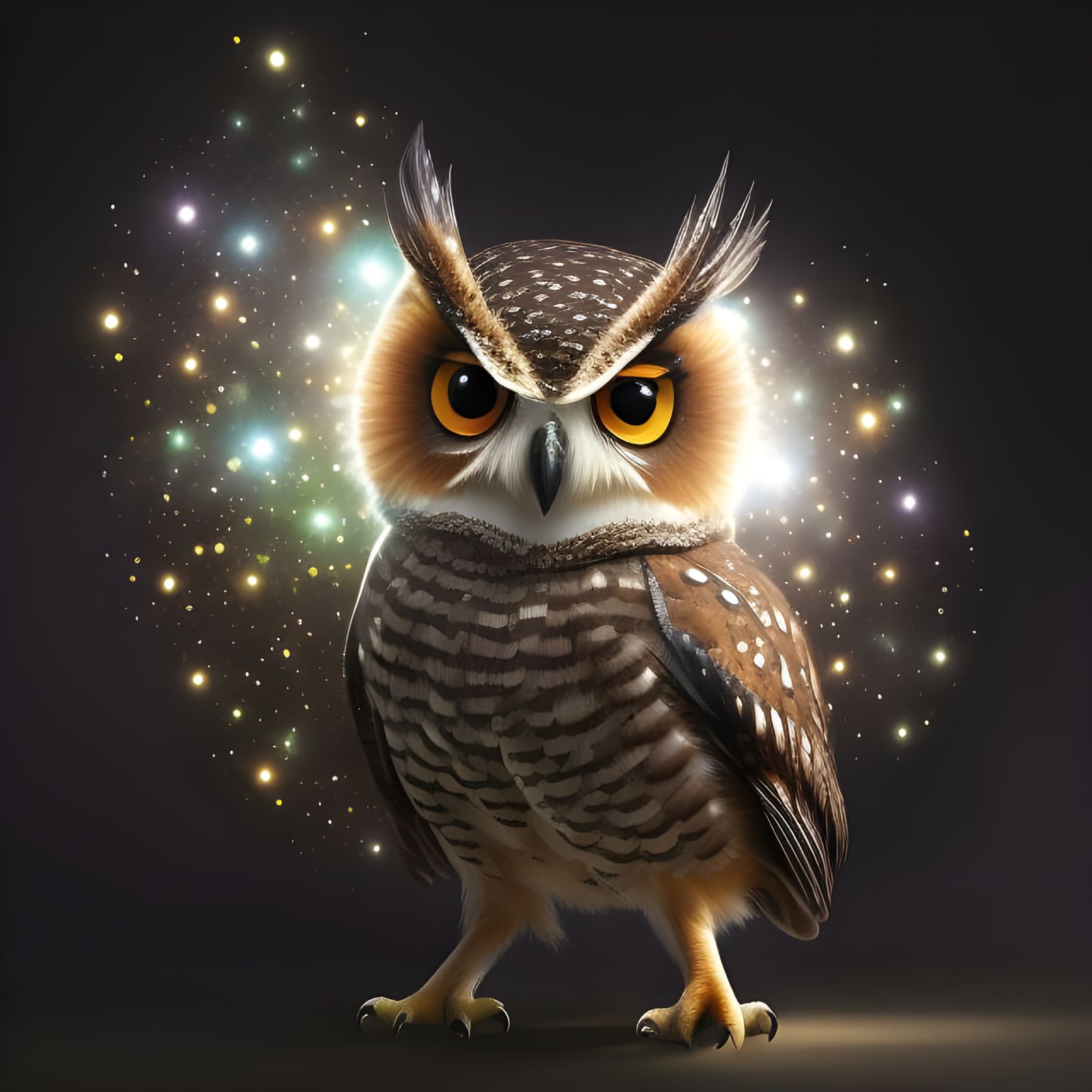 Cute Owl in Glitter Explosion, Pixar Style