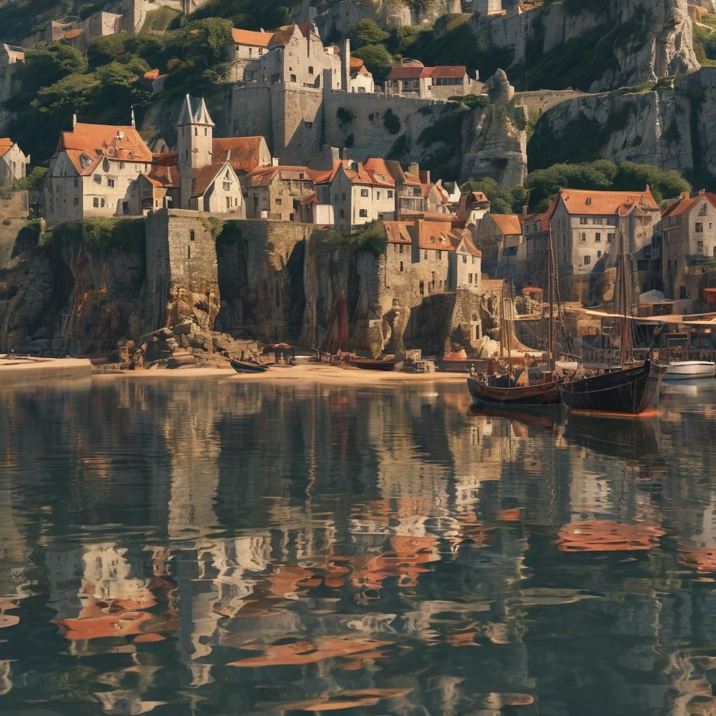 Medieval Seaside Town with Castle, Fantasy Art