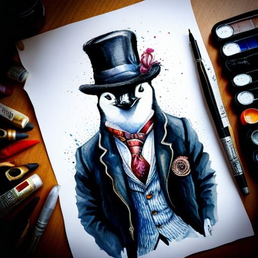 Penguin in Top Hat: Detailed Watercolor Aetherpunk Art