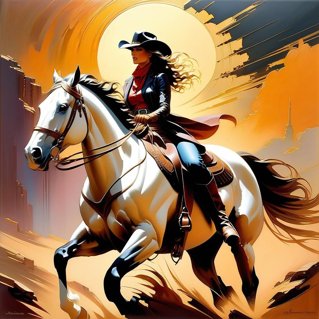 Cowgirl on Horse in Impasto Style