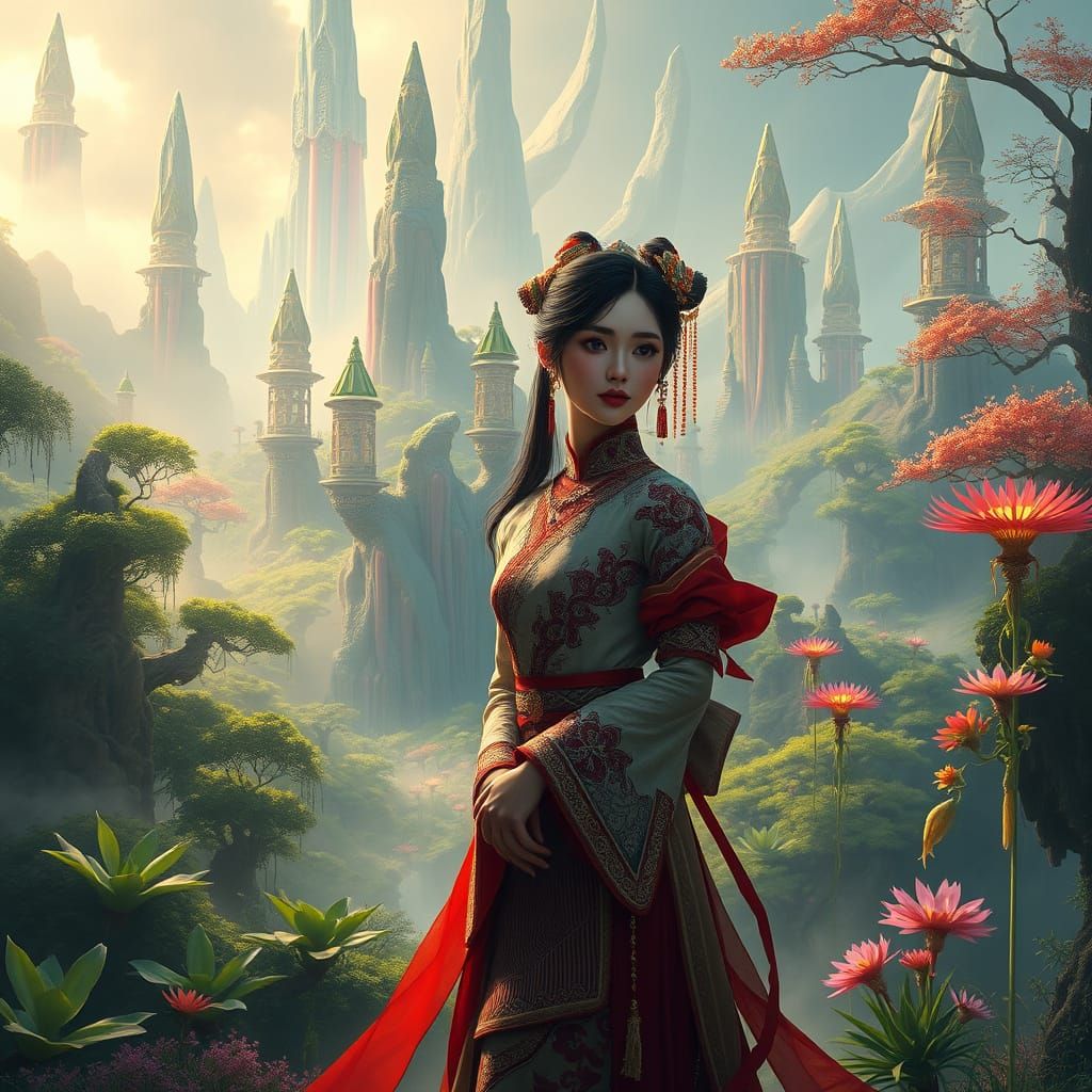 Ethereal Fantasy Realm with Asian Goddess