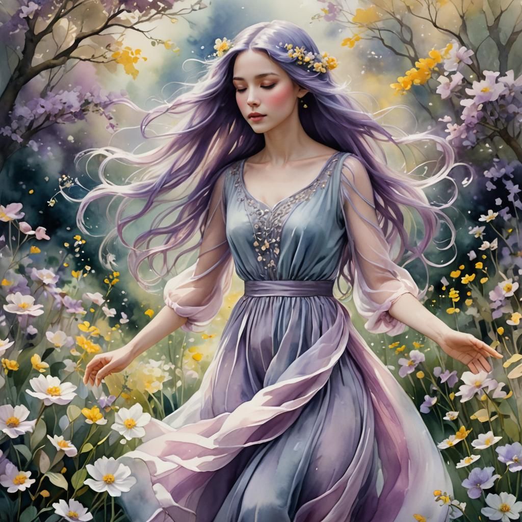 Ethereal Watercolor Garden Scene with Dancing Maiden