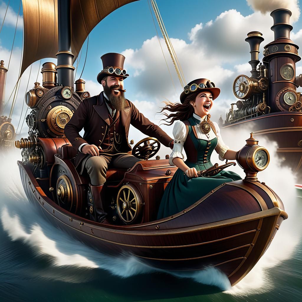 Steampunk Couple in Boat Race, Detailed Digital Art