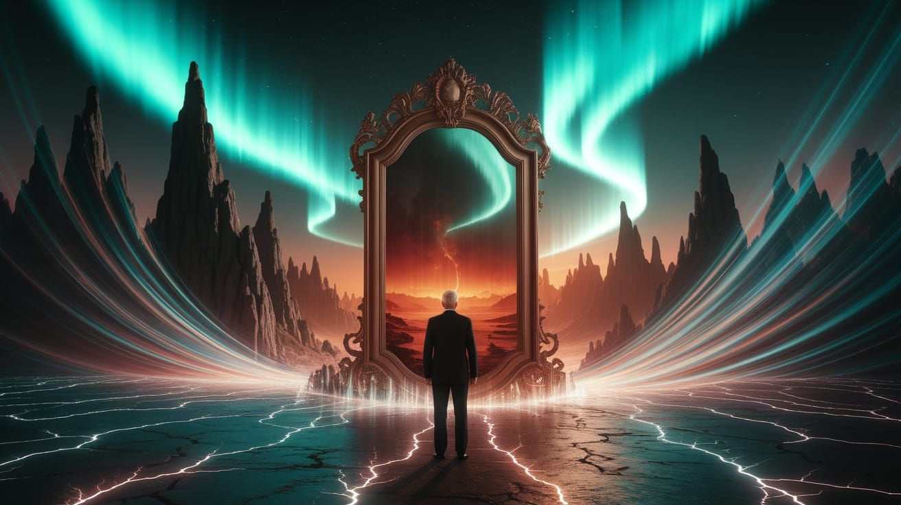 Antique Mirror Reflects Hell in Aurora Landscape