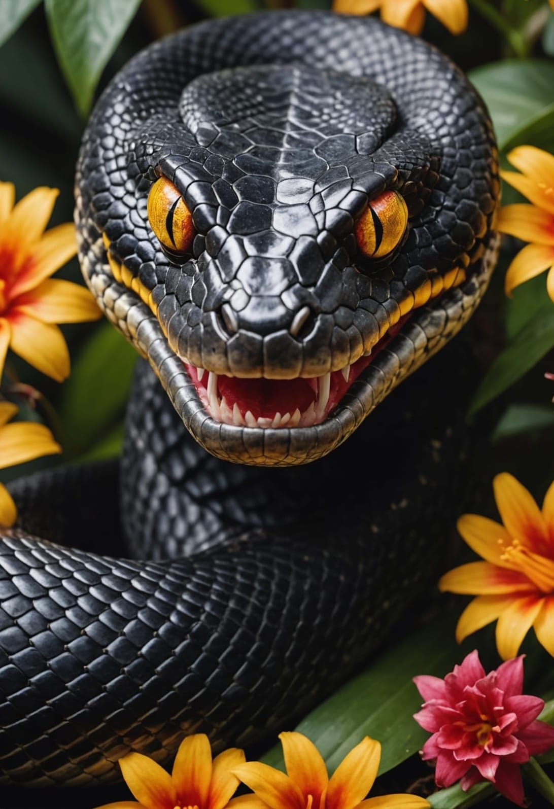Detailed Snake Portrait with Exotic Floral Background