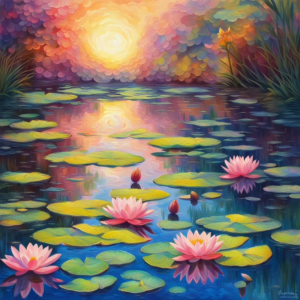 Impressionistic Water Lilies in Sunlit Landscape