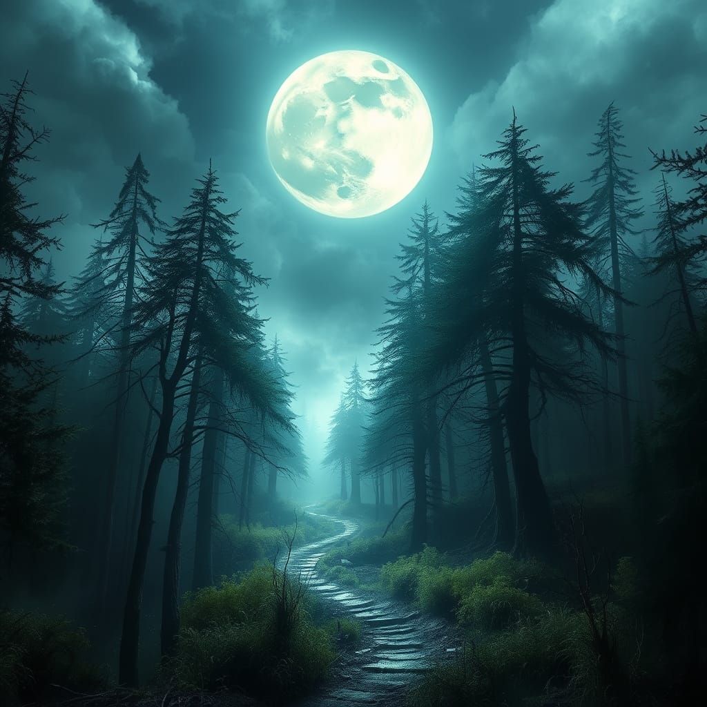 Mystical Moonlit Path in Ancient Forest