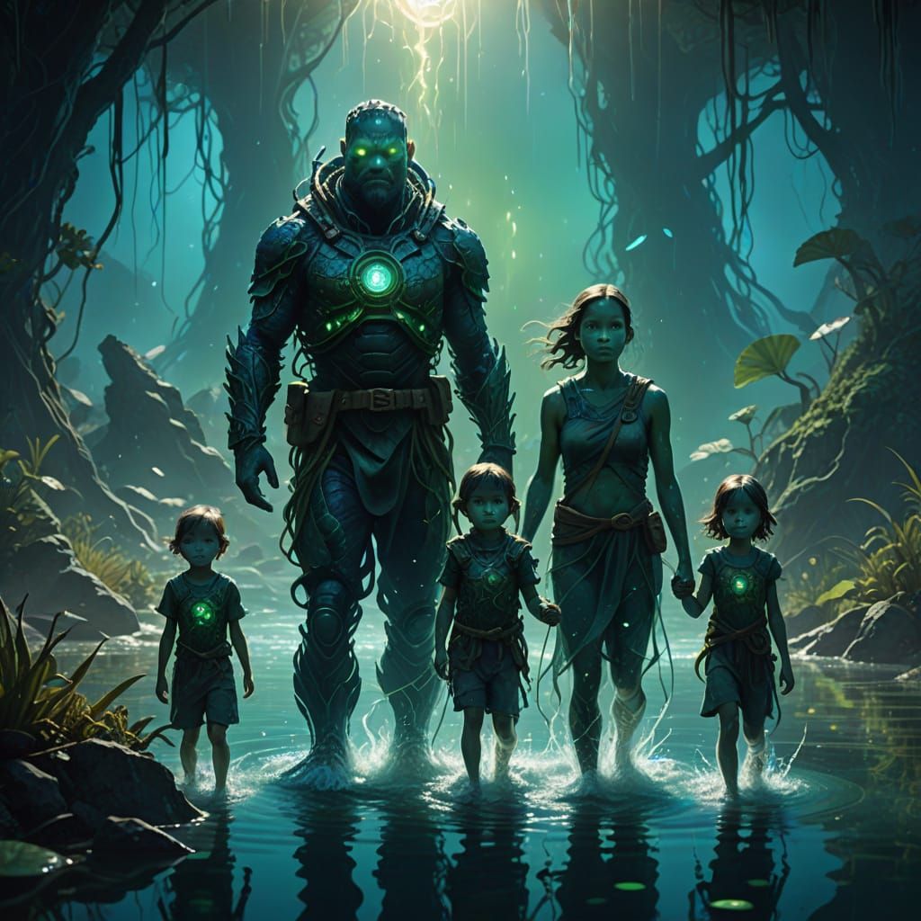 Ethereal Amphibious Family in Vibrant Fantasy Landscape