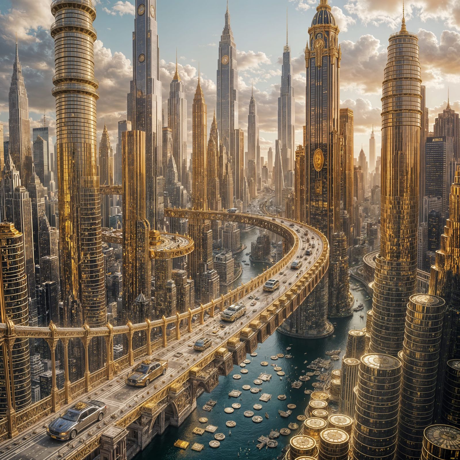 Fantasy Cityscape of Gold Coin Skyscrapers