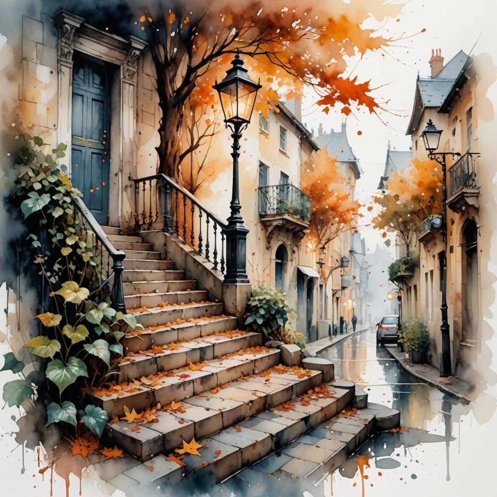 Cobblestone Steps in Autumn Watercolour