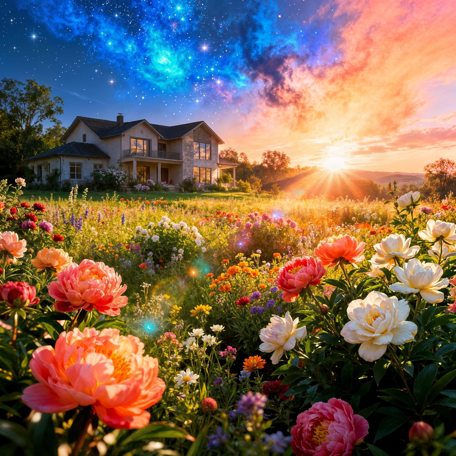 Photorealistic Farmhouse in Peony Field Under Galaxy Sky