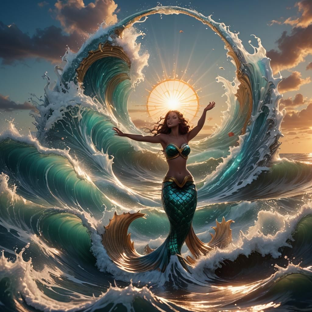 Mermaid Reaching for Sun on Book Waves