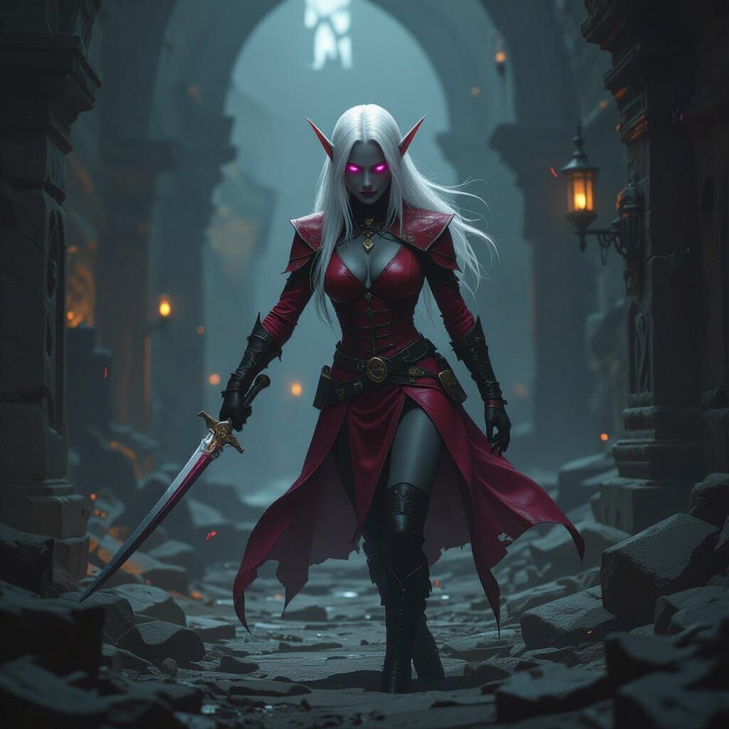Drow Elf Warrior in Forgotten City, Dark Fantasy Art