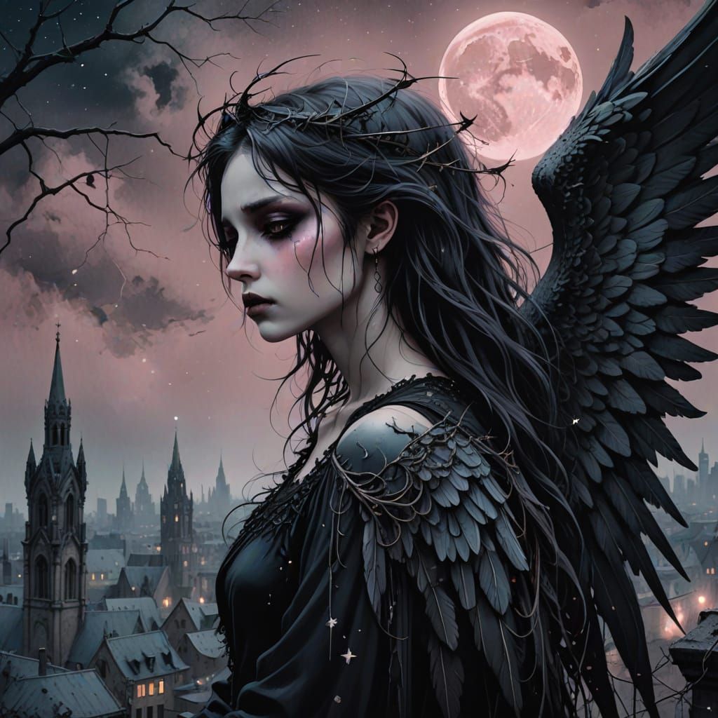Melancholic Angel in Dark Fantasy Cityscape
