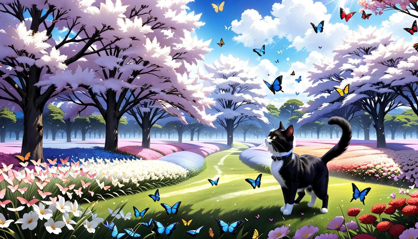 Beautiful fluffy black and white Norwegian tuxedo-cat jumping happily playing with butterflies