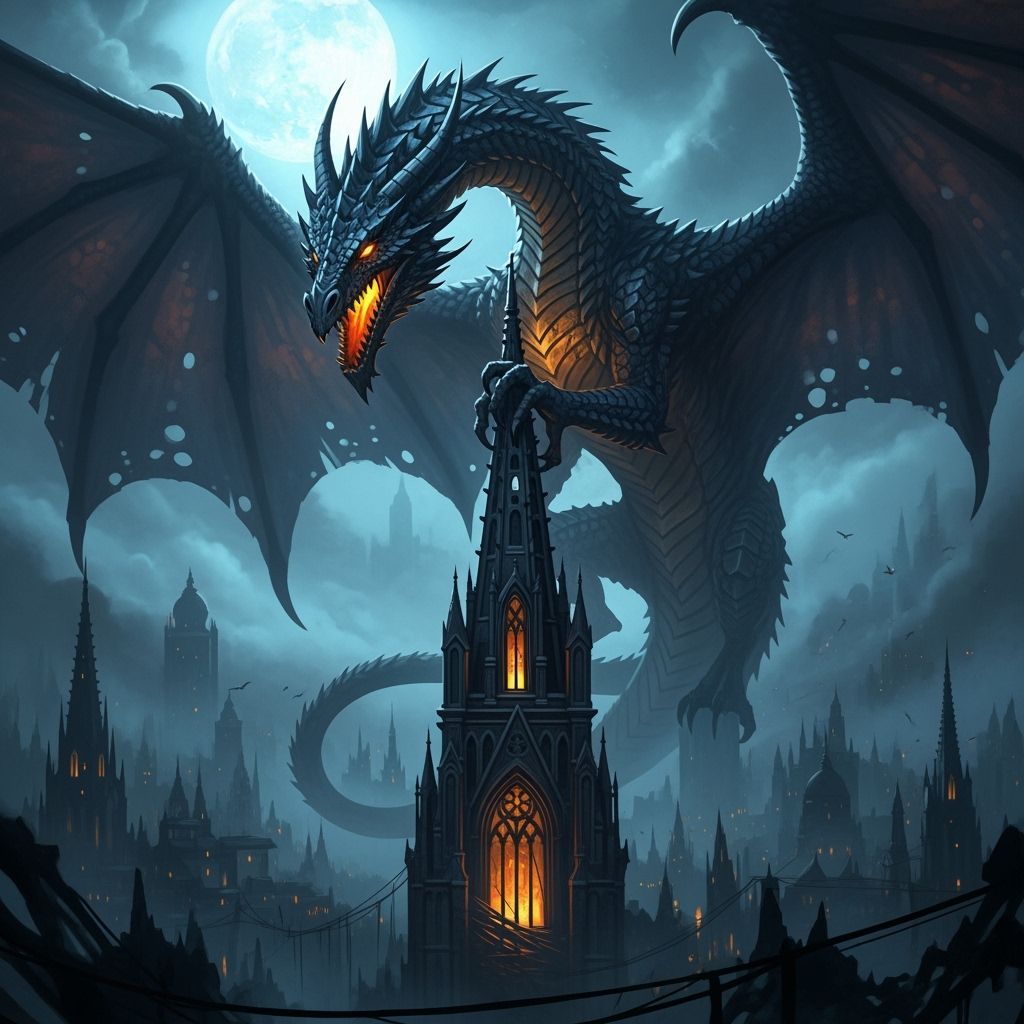 Ancient Dragon on Gothic Cathedral in Ethereal Moonlight