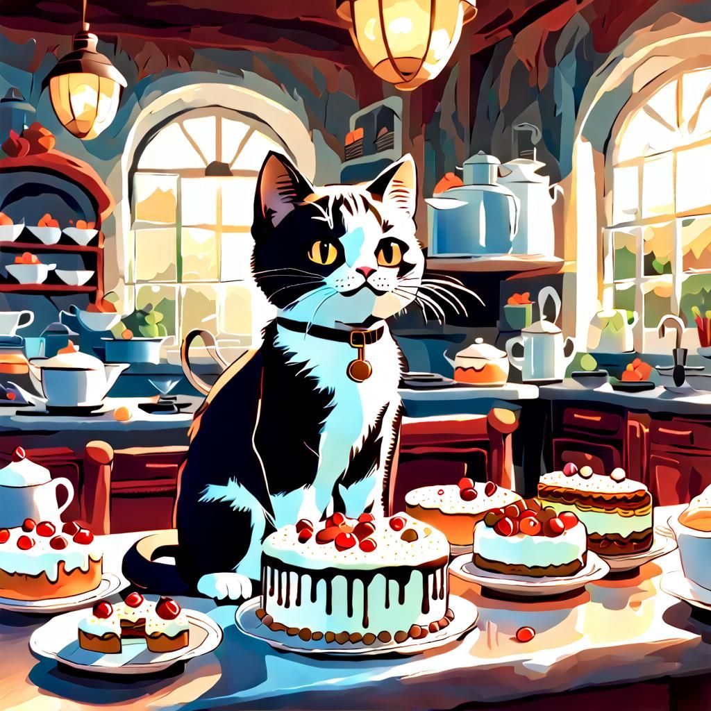 Funny Cats Baking White Cake: Cinematic Digital Art