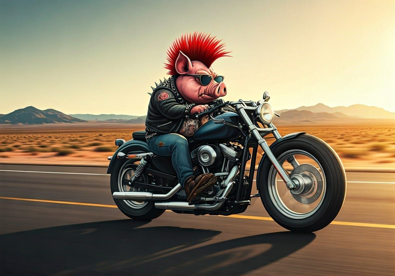 Rebellious Pig Rider in Neon Red Mohawk Speeds Down Desert H...