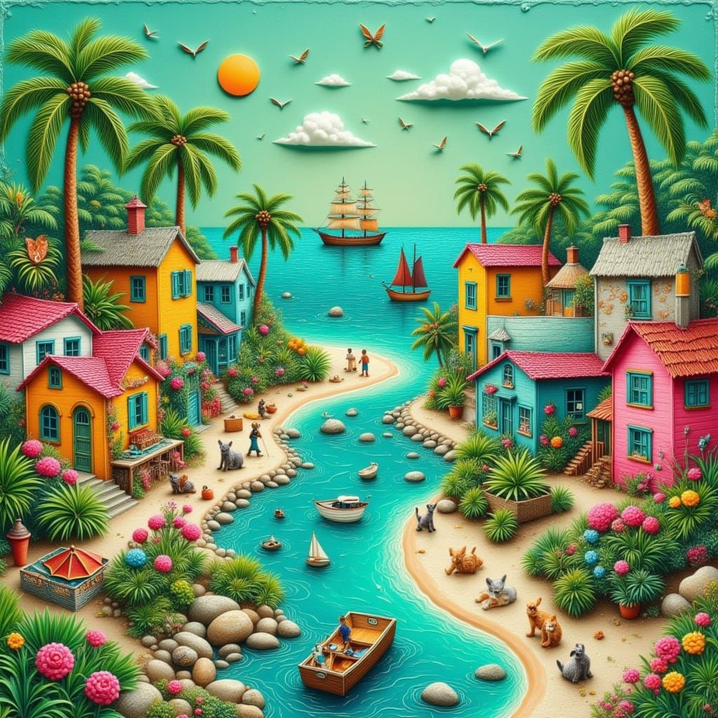Colorful Key West in Naive Surreal Collage Style